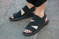 Man with black Yamamoto open shoes before Stella Jean fashion show, Milan Fashion Week street style on