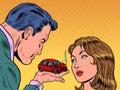 A man blames a woman for a car accident. Insurance agent. A red car crashed in an accident. Passenger transport. Danger