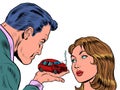 A man blames a woman for a car accident. Insurance agent. A red car crashed in an accident. Passenger transport. Danger