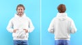 Man in blank hoodie sweater on color background, front and back views. Royalty Free Stock Photo