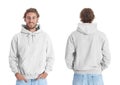 Man in blank hoodie sweater on white background, front and back views. Royalty Free Stock Photo