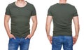 Man in blank khaki green tshirt front and rear isolated on white