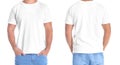 Man in blank t-shirt on white background, front and back views Royalty Free Stock Photo