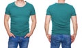 Man in blank turquoise tshirt front and rear isolated on white