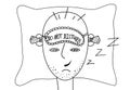 Man with blindfold lies on the bed. Cartoon male character with earplugs and sleep mask. On the mask text Do Not Disturb. Smiling