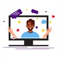 Man blogger in monitor. Freelancer. Blogging concept. Smiling man computer