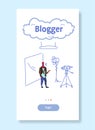 Man blogger recording video on camera guy standing social media blog concept full length sketch flow style vertical