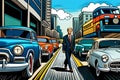 A man with blond hair was standing in the middle of a traffic jam in a big city. Comic style Generative AI Royalty Free Stock Photo