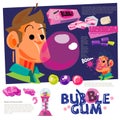 Man blowing a pink bubble of chewing gum with various types of c