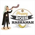 Man blowing Shofar horn for the Jewish New Year, Rosh Hashanah holiday, judaism religion vector illustration with logo