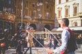 Man blows bubbles in Italy