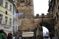 Man blows a huge soap bubble on the street