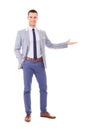 Man in blue blazer showing empty copyspace