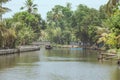 Man in a blue boat harvesting mangos