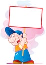 Man in a blue cap holds in his hands a blank poster, cartoon, isolated object on a white background, vector illustration