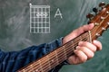 Man playing guitar chords displayed on a blackboard, Chord A Royalty Free Stock Photo