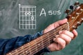 Man playing guitar chords displayed on a blackboard, Chord A sus Royalty Free Stock Photo