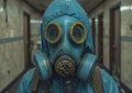 A man in the blue gas mask is standing in a hallway. Royalty Free Stock Photo