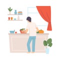 Man in blue headquarters and a white shirt is cooking. The view from the back. Vector illustration.