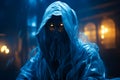 Man in blue hooded suit with glowing eyes and hood. Generative AI