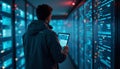 Security Analyst Monitoring Protocols In A Datacenter With Glowing Server Racks