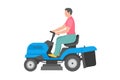 Man with blue lawnmower