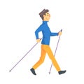 Man In Blue Long Sleeve Ad Yellow Pants Doing Nordic Walk Outdoors Illustration