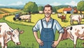 A man in a blue overalls stands in a field with cows