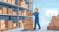 A man in blue overalls and a yellow hard hat is stacking boxes onto a Royalty Free Stock Photo