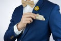 Man blue suit bowtie, brooch, pocket square Royalty Free Stock Photo