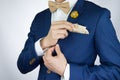 Man blue suit bowtie, brooch, pocket square Royalty Free Stock Photo