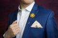 Man in blue suit, brooch, handkerchief Royalty Free Stock Photo