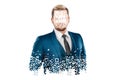 A man in a blue suit with a closed face, personal data security, identity safety