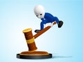 The man in the blue suit used the auction hammer to smash the wooden plank with great force.3d