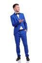 man in blue suite with incredulous face  on white background Royalty Free Stock Photo