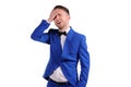 man in blue suite with incredulous face  on white background Royalty Free Stock Photo