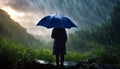 Man with blue umbrella in lush wilderness storm