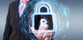 Man using digital web protection blue holographic interface 3D rendering Royalty Free Stock Photo