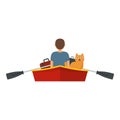 Man in boat after flood icon, flat style