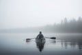 Man boat foggy lake. Generate Ai