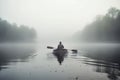Man boat foggy morning. Generate Ai