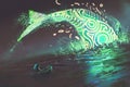 Man on boat looking at the jumping glowing green whale in the sea