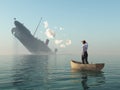Man in boat looking on shipwreck Royalty Free Stock Photo