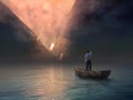 Man in boat looking on shipwreck Royalty Free Stock Photo