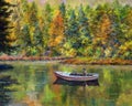 Boatman on a calm lake. Autumn landscape. Illustration of an art painting, acrylic on canvas