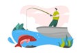 Man on Boat Rod Fishing in Sea Lake Flat Design Illustration