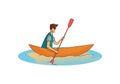 Man in boat rowing. Active lifestyle. Water sport. Male character in sunglasses. Cartoon vector design