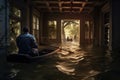 A man in a boat rowing in a flooded house. Generative AI