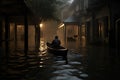 A man in a boat rowing in a flooded house. Generative AI
