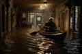 A man in a boat rowing in a flooded house. Generative AI